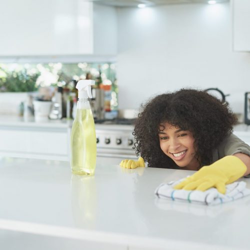 Shot of a young woman cleaning a kitchen counter at home